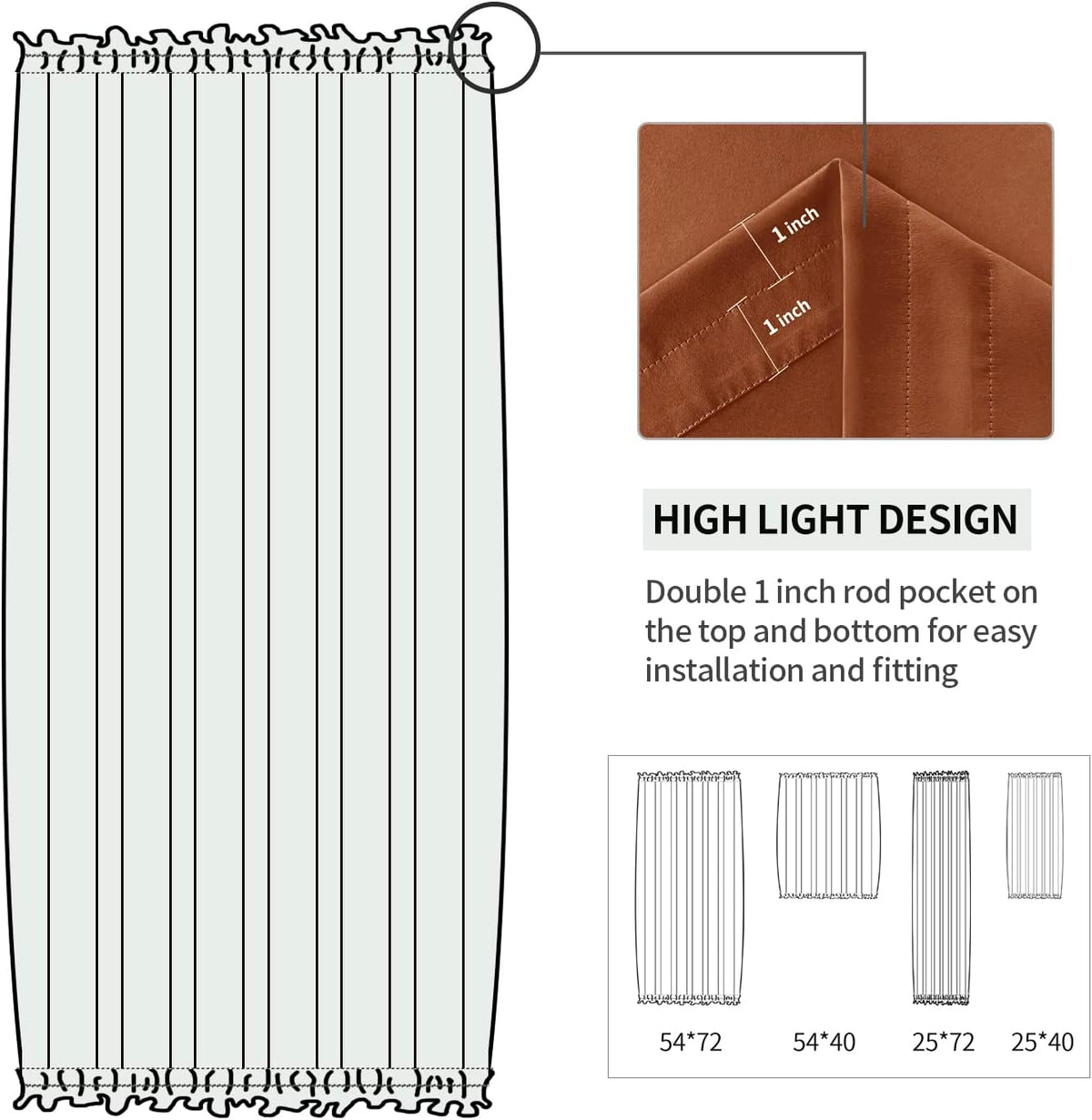 DWCN French Door Curtains – Rod Pocket Thermal Blackout Curtain for Doors with Glass Window, Kitchen and Patio Doors for Privacy, 25 X 72 Inches Long, 1 Curtain Panel with Tieback,Burnt Ochre