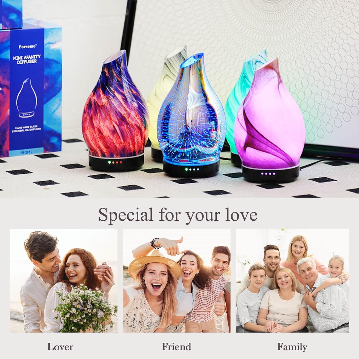 Porseme 150ml Essential Oil Diffuser Glass Color Changing Aroma Air Diffusers Aromatherapy Ultrasonic Cool Mist Humidifier 6 Running Hours Waterless Auto-Off for Sleeping Yoga Office Spa