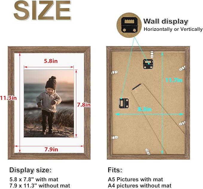 KINLINK A4 Picture Frame, Brown Solid Wood Frames with Acrylic Plexiglass for Pictures A5 with Mat or A4 without Mat, Tabletop and Wall Mounting Display 4 Pack