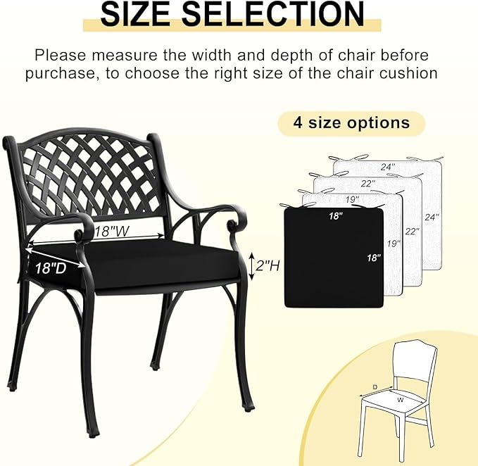 downluxe Waterproof Outdoor Chair Cushions for Patio Furniture, 18" x 18" x 2" Patio Chair Cushion with Adjustable Ties & Portable Handle, Square Outdoor Cushion with Removable Cover, Black, 2 Pack