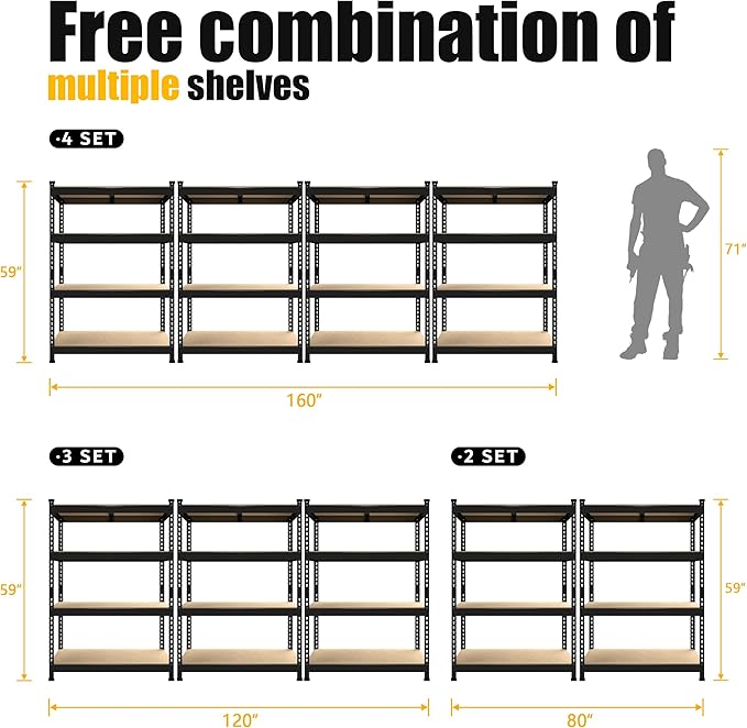 PrimeZone 40" W x 20" D x 59" H Heavy Duty Storage Shelves, 4 Tier Adjustable Garage Shelving Unit, Metal Organizer Shelf Utility Rack for Warehouse Pantry Closet Kitchen, Black, 3 Pack