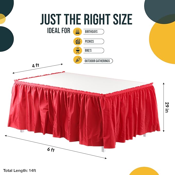 Exquisite Ruffle Table Skirt Red 6 Pack 14 Ft Long Table Skirts for Rectangle Tables 6ft Plus or Round Tables Skirts with Adhesive Strip for Gender Reveal Decor & Happy Birthday Parties