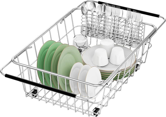 Large Sink Dish Drying Rack, Expandable 304 Stainless Steel Metal Dish Drainer Rack Organizer Shelves with Stainless Steel Utensil Holder Over Inside Sink, Rustproof