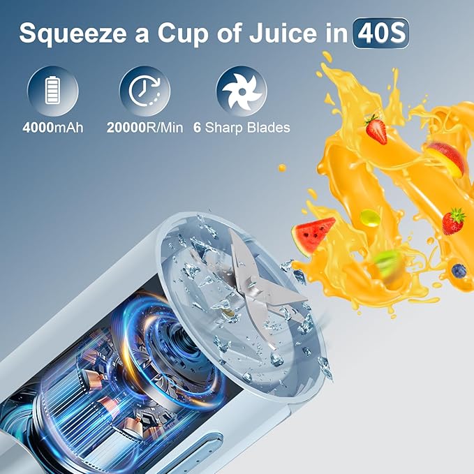Personal Portable Blender - 16 Oz Mini Cup with 6 Blades, USB Rechargeable - Perfect for Shakes, Smoothies and Juice - Compact Blender for Travel, Gym, Kitchen and Office