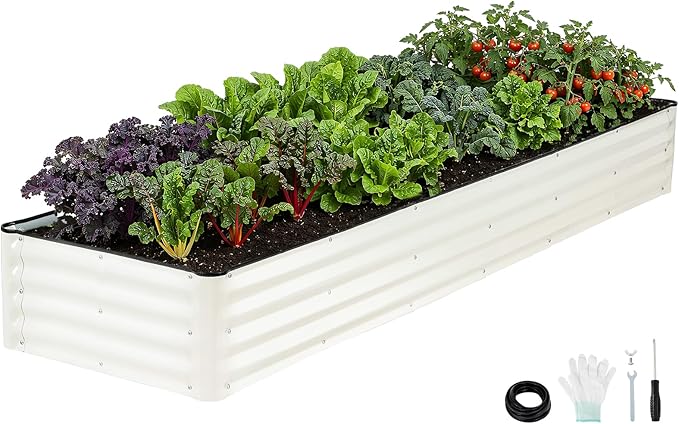 Galvanized Raised Garden Bed – 1 Pack 8x2x1 Ft Patented Leak-Proof Planter Box Outdoor Gardening Metal Raised Garden Beds Kits for Veggies, Herbs & Flowers (White)