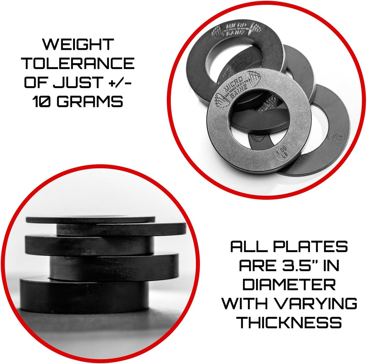 Micro Gainz Calibrated Fractional Weight Plate Set of 2 Plates, Choose Set (.25LB-1.25LB), Designed for Olympic Barbells for Strength Training & Micro Loading Bar Weights, Made in USA