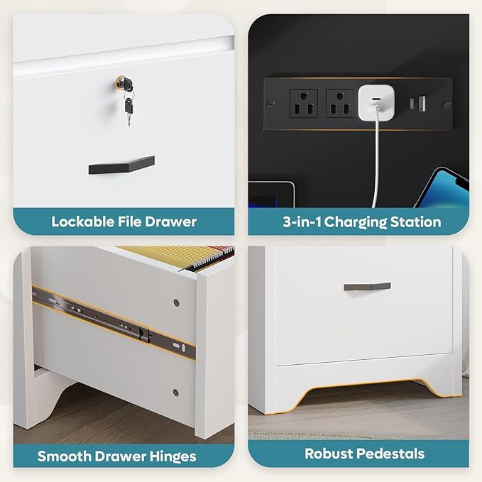 Bestier 59” Office Desk with Lockable Drawers, Modern Computer Desk with File Drawer, Charging Station & Drop-Front Keyboard Drawer, Executive Desk with Storage Cabinet for Home Office & Studio, White