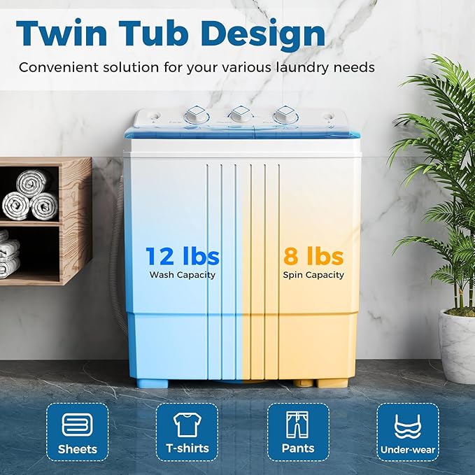 COSTWAY Portable Washing Machine, Twin Tub 20Lbs Capacity, Compact Laundry Washer(12Lbs) and Spinner(8Lbs), Durable Design for Apartment Dorm RV, Blue+White