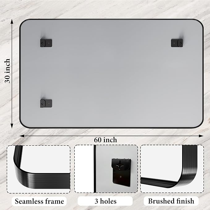 60X30 Inch Black Metal Framed Bathroom Mirror