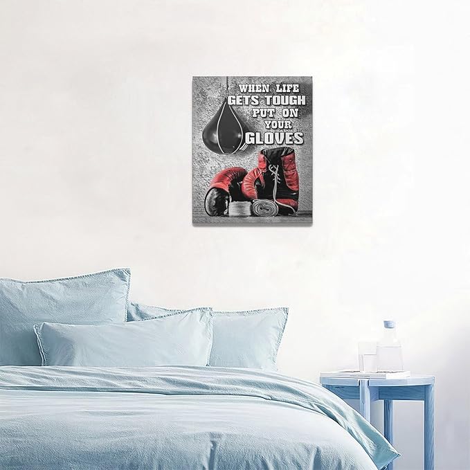 Boxing Posters Wall Art Red Boxing Gloves Pictures Wall Decor Black And White Inspirational Quotes Canvas Prints Painting Artwork Sports Canvas Home Decorations For Teen Boys Room Dorm Bedroom 16"x20"