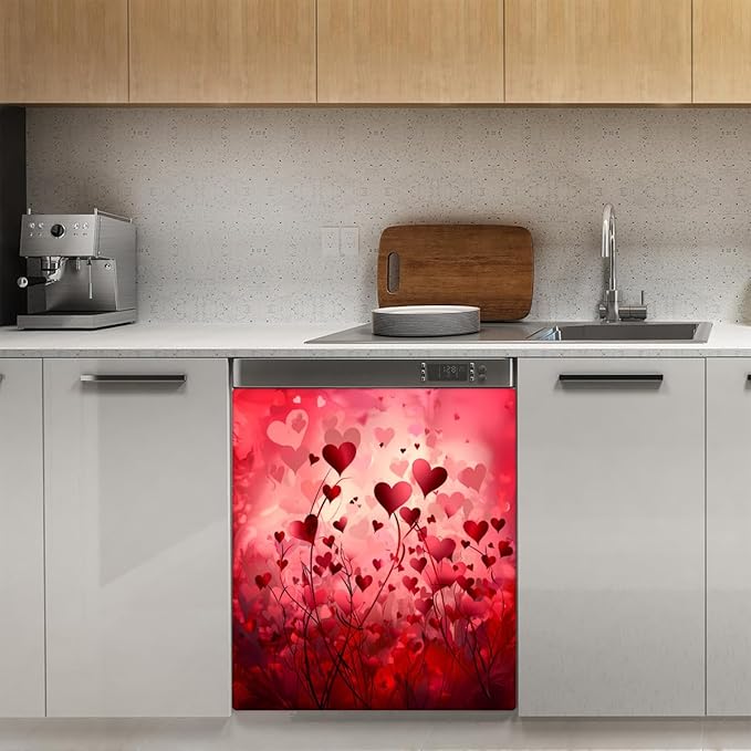 Dishwasher Magnet Cover Red Heart Flower Reusable Dishwasher Magnetic Cover Sticker Decorative Dish Washer Door Cover Panel for Home Kitcen Appliance