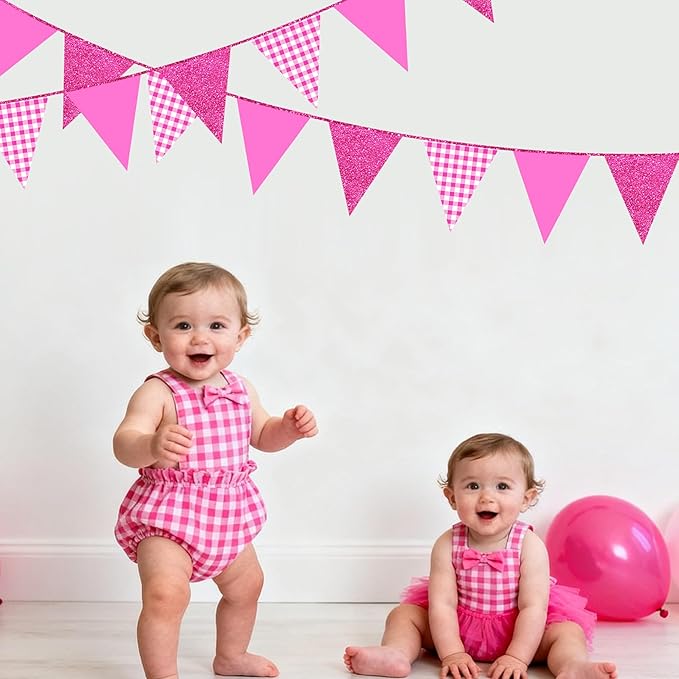 Hot Pink Buffalo Plaid Party Decorations Pennant Banner Flag Hot Pink Glitter Paper Triangle Hanging Bunting for Birthday Bachelorette Baby Shower Anniversary Wedding Bridal Shower Hen Party Supplies