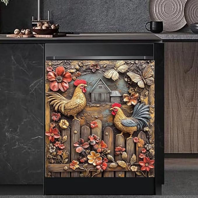 Rooster Chicken Farmhouse Kitchen Decor Dishwasher Magnet Cover Decal, Embossed Butterflie sMagnetic Dish Washer Panel Door Vinyl Sticker, Refrigerator Magnets,Easy to Clean, 23 x 26 inch