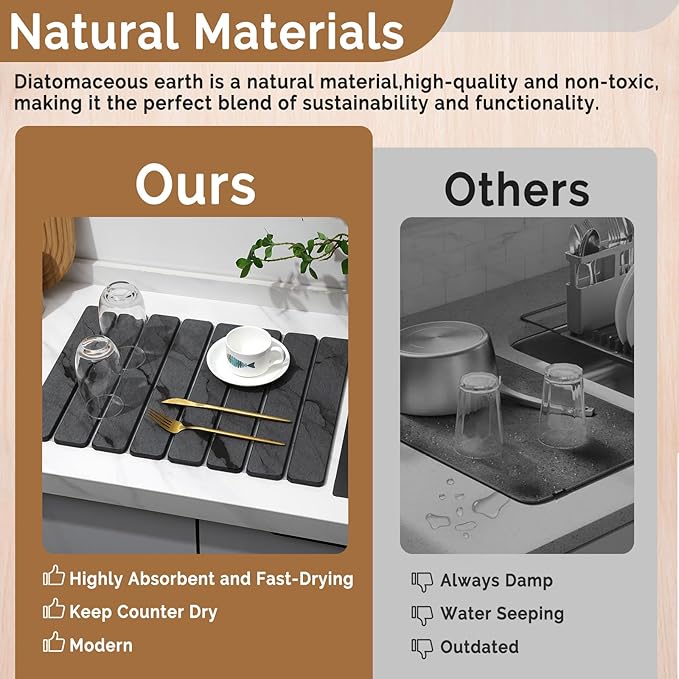 2 PCS Stone Dish Drying Mat for Kitchen Counter,Quick Dry Stone Dishes Mats,Marbled Water Absorbing Diatomaceous Earth Drying Pad for Countertop Bottles Utensils Cups（Dark Gray 20"×14" & 8"x4"）