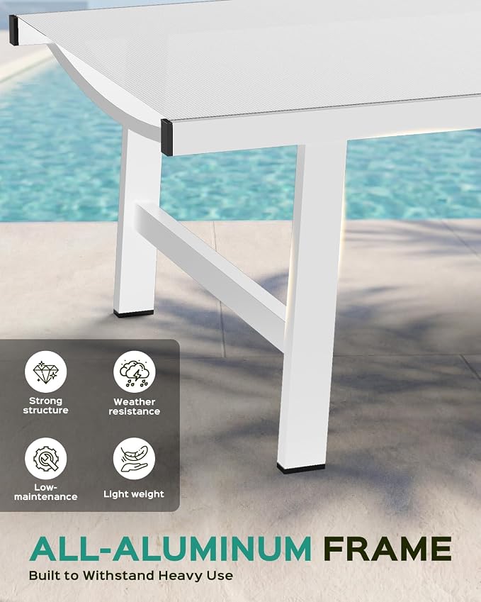 Patio Chaise Lounge Chair Outdoor with Wheels&Armrests, Aluminum Pool Lounge Chairs Five-Position Adjustable Recliner with Side Table, Outdoor Beach Lounge Chairs for Outside, Deck, Yard, White