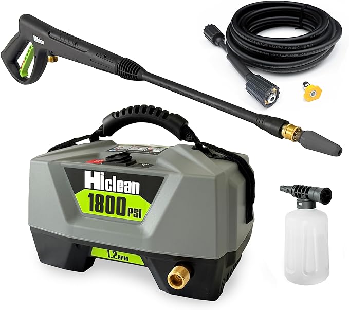 Hiclean Electric Pressure Washer 1800 PSI - Portable Power Washer for Car Detailing, Patios, Fences and Outdoor Cleaning, Compact Design with Foam Cannon, Turbo and Fan Nozzles, ETL Certified