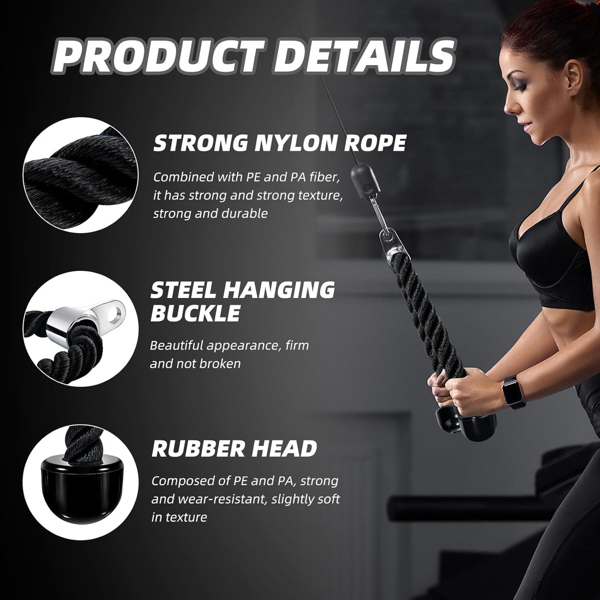 Tchrules Universal Tricep Rope - 27 Inch Heavy Duty Non-Slip Cable Attachment for Gym Workouts