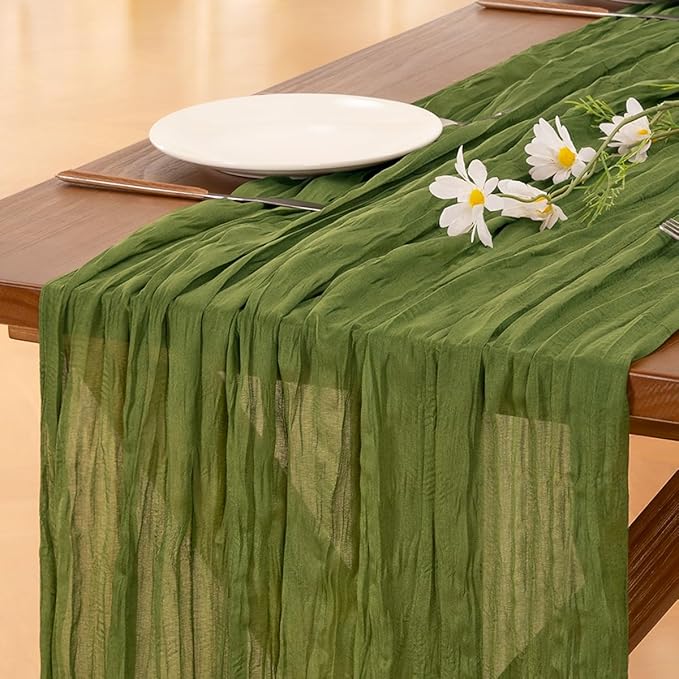 Socomi 6pcs Olive Green Fall Thanksgiving Cheesecloth Table Runner Boho Rustic Gauze 120 inch 10FT Cheese Cloth Runner for Wedding Party Baby Shower Birthday Home Decor Holiday Decorations
