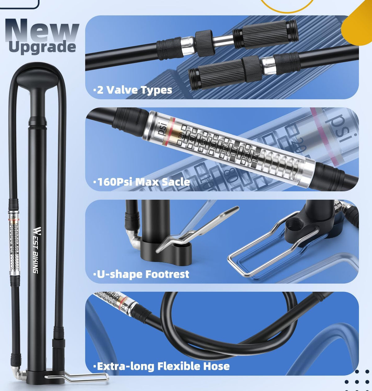 Skiennix Mini Bike Pump - Portable Aluminum Alloy 160PSI Floor Pump for Presta & Schrader Valves | Lightweight Design
