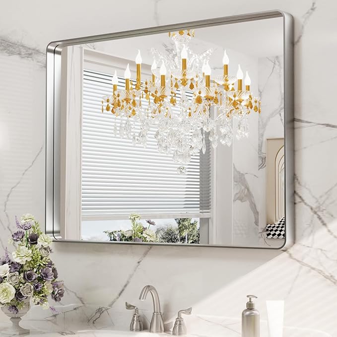 LOAAO 40X30 Inch Brushed Nickel Bathroom Mirror, Rounded Rectangle Silver Metal