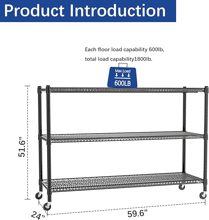 REGILLER 3-Wire Shelf Adjustable Heavy Duty Storage Shelves,Metal Organizer Wire Rack for Laundry Bathroom Kitchen Pantry Closet Garage Shelving with Wheel(Black,24" Dx59.6 Wx47.6 H)