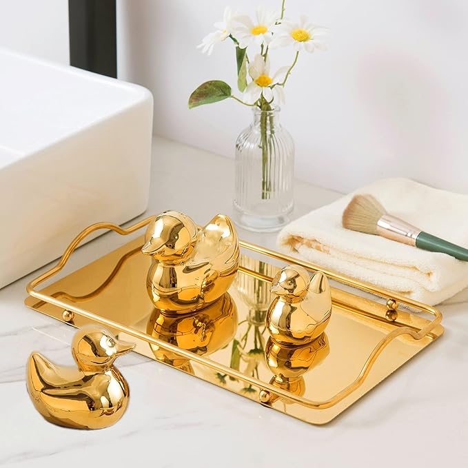 Golden Ceramic Duck Figurines，Home Decor Animal Sculptures and Statues Handmade Artware Decor,Mini Duck Sets 3 PCS