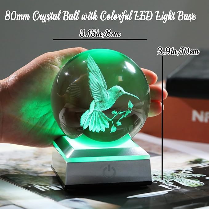 Crystal Ball 3D Engraved Hummingbird with LED Colorful Base, 3.15" Glass Sphere Ideas for Friends Home Decor Display, Hummingbird Gifts for Men Women on Birthday Christmas