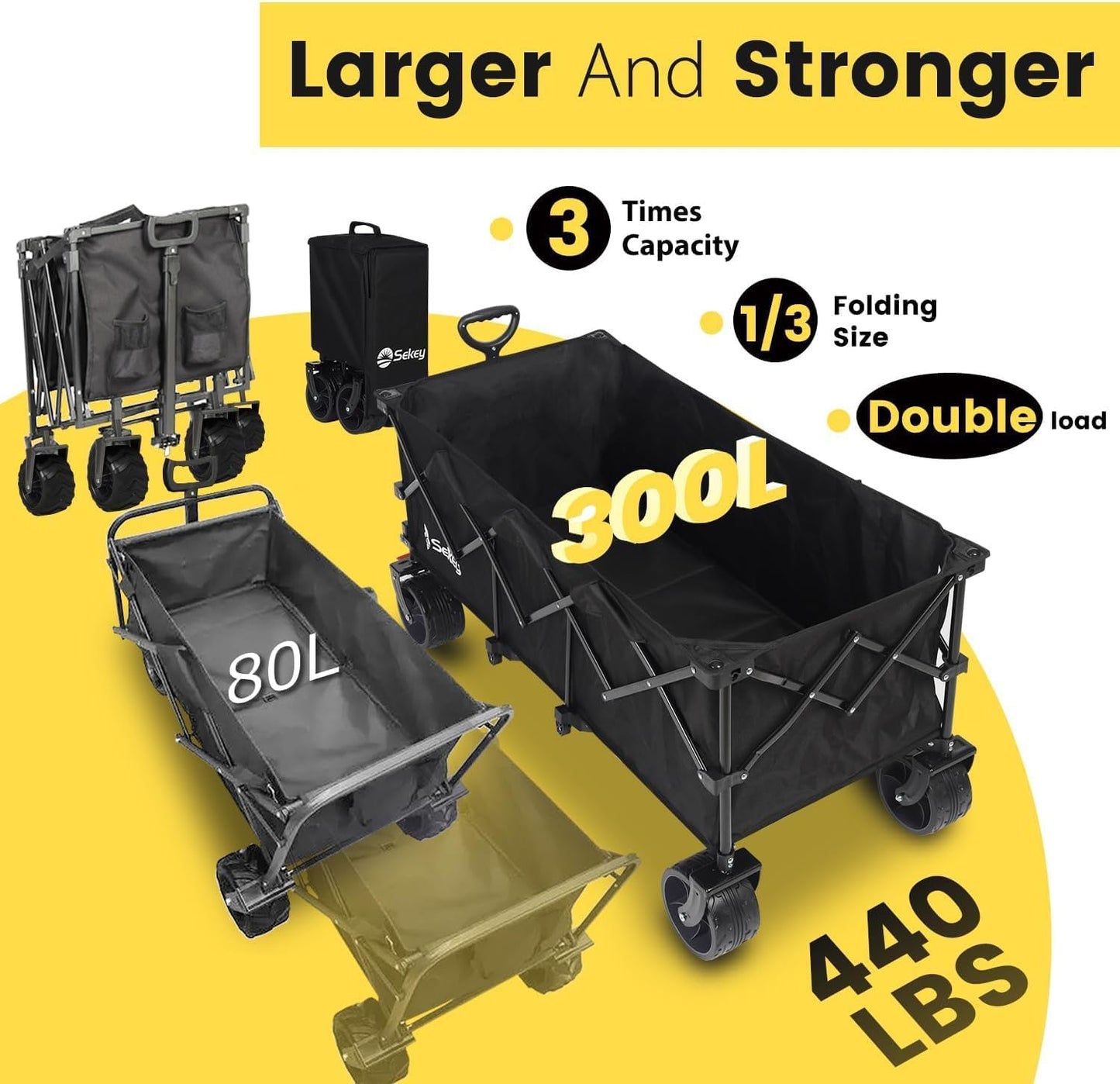 Sekey 48''L Collapsible Foldable Extended Wagon with 440lbs Weight Capacity, Heavy Duty 300L Folding Utility Garden Cart with Big All-Terrain Beach Wheels & Drink Holders. Black