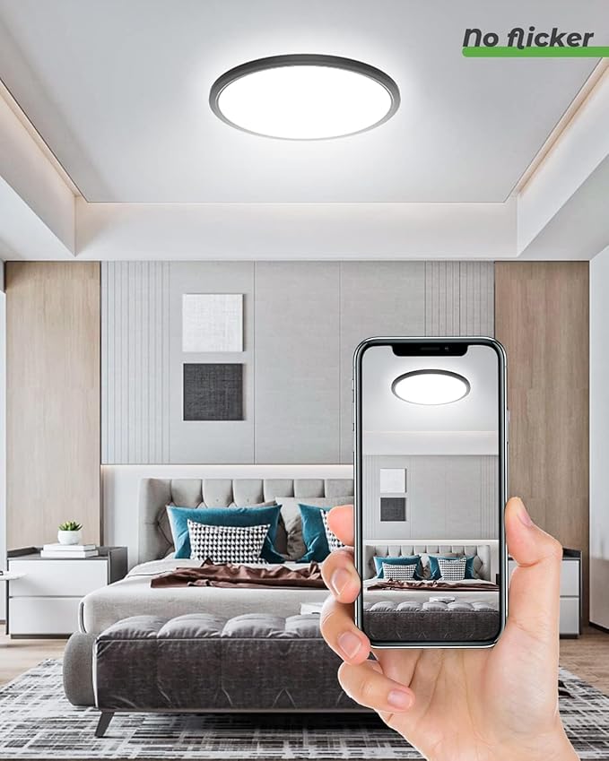 zemty 12 Inch Black Ceiling Light - 28W 3200lm LED Ceiling Light Flushmount, 3 Color Temperature in One 3000k/4500k/6000K Modern Ceiling Lamp for Bedroom Kitchen DiningRoom - 2Pack