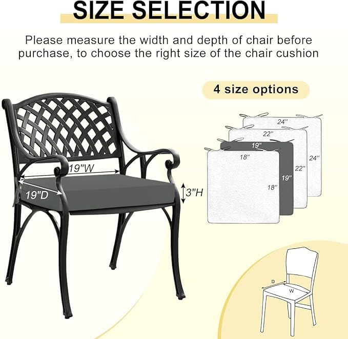 downluxe Waterproof Outdoor Chair Cushions Set of 4, 19" x 19" x 3" Patio Chair Cushion with Non-Slip Ties & Handle, Square Outdoor Cushion for Patio Furniture with Removable Cover, Dark Grey