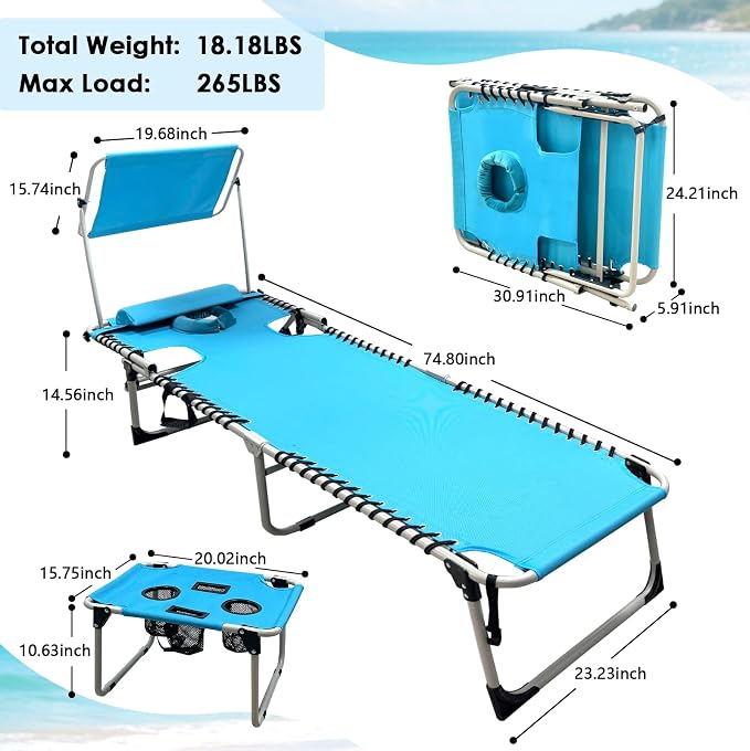Outdoor Tanning Chair with Sun Canopy Shade & Face Hole, Folding Lounge Chair with Beach Table and Carry Bag for Poolside Sunbathing Lawn