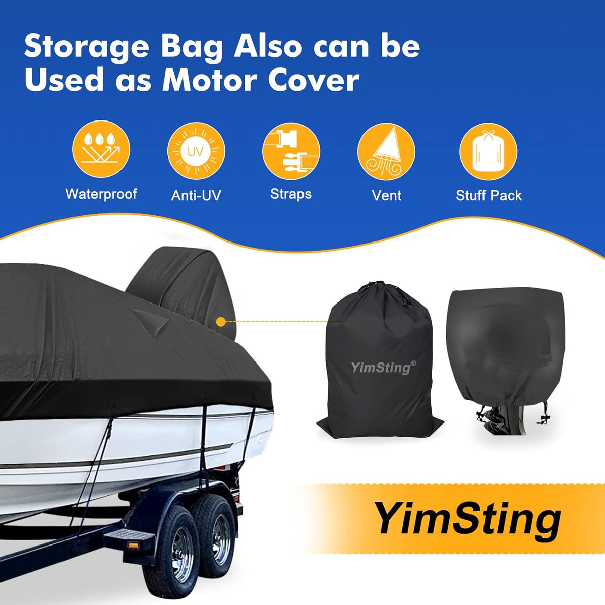 1200D Waterproof Boat Cover - Heavy Duty Canvas for 16' to 18.5' Bass, V-Hull & Bowrider Boats - Black