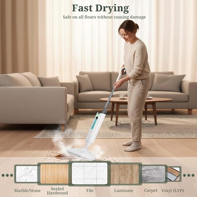 Steam Mop for Floor Cleaning, Lightweight Floor Steamer for Hardwood, Tile, Laminate & Carpet, Quick-Heat Steam Cleaner with Visible Water Tank and 2 Washable Pads, White and Grey
