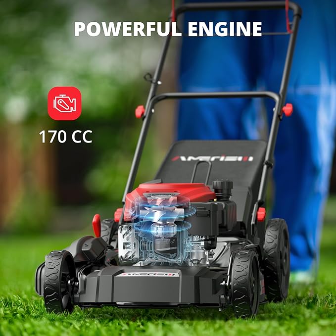 AMERISUN Gas-Powered Lawn Mower Self-Propelled, 170cc OHV Engine with Air Cooling, 21" Steel Deck, 3-in-1 Cutting System, 6-Level Height Adjustment, 1.4-Bushel Grass Catcher, Foldable Design