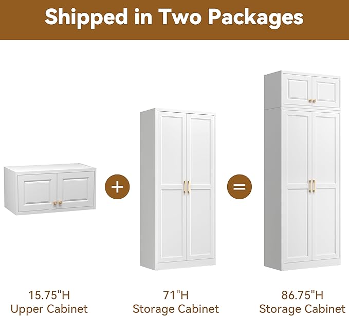 Kitchen Pantry Cabinet, 86 Inch Tall Metal Storage Cabinet, Food Pantry cabinets with Doors and Shelves, White Storage Cabinets for Living Room, Dining, Office, Bathroom, Assembly Required