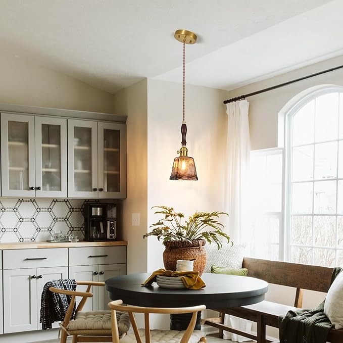 Brown Glass Vintage Pendant Light 4.33" Handmade Glass Pendant Lights Kitchen Island Gold Hanging Light Fixture for Bedroom Dining Room Hotel (2 Pack)