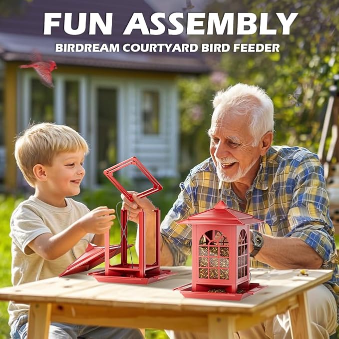 Birdream 2 Pack Bird Feeders for Outdoor Hanging, Assembly Required, 1-Min Easy Setup, Classic Courtyard Design, Attracting Cardinals Chickadees Goldfinches & Sparrows - Red