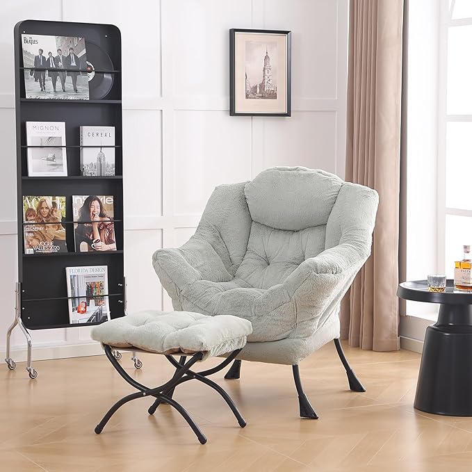 LITA Lazy Chair with Ottoman, Modern Accent Leisure Upholstered Sofa, Contemporary Lounge Reading Chair with Armrests and a Side Pocket for Living Room, Bedroom & Small Space