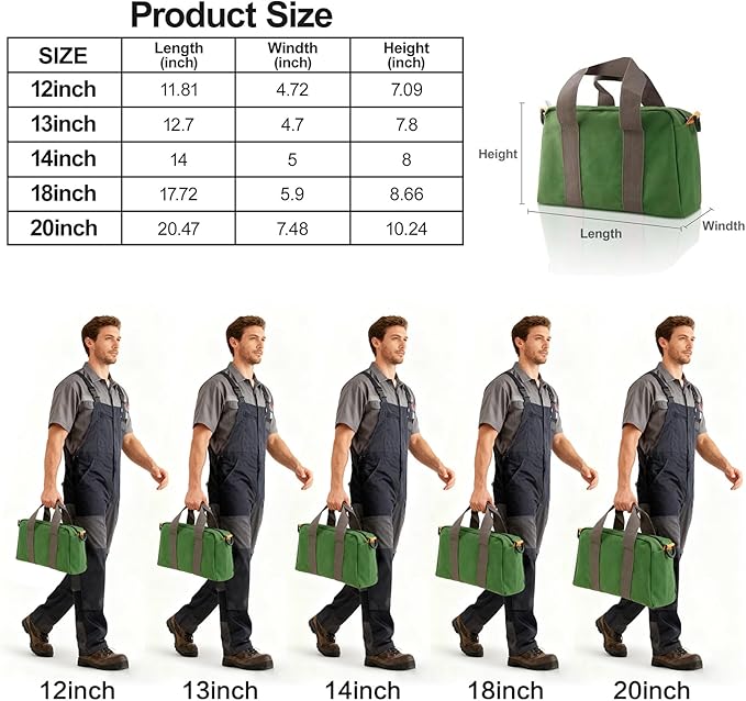 Small Tool Bag, Canvas Tool Storage Bag, Large Capacity Multipurpose Zipper Soft Tote Organizer Pouch for Electrician, Plumbing, Gardening,Tools Bags for Men (Green, 18 Inch)