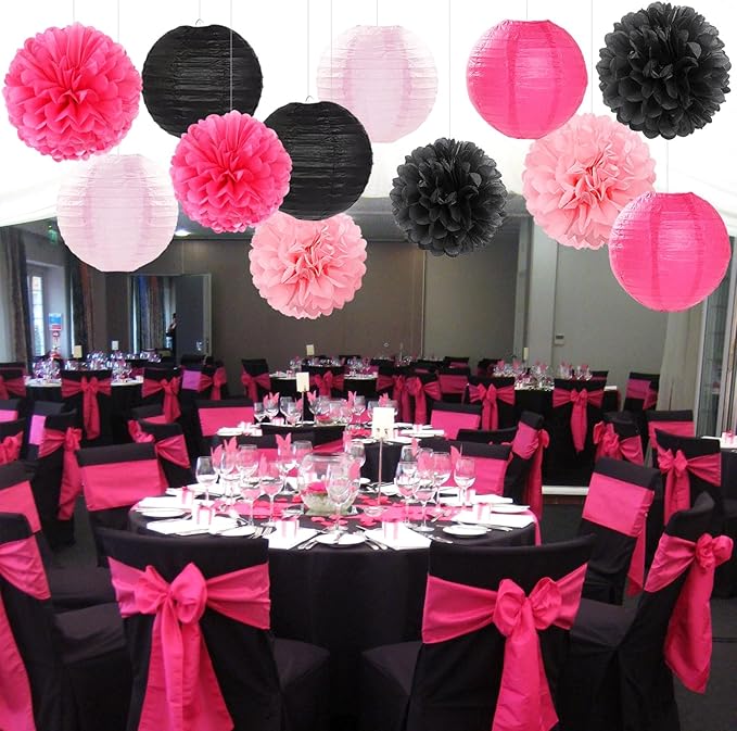 Hot-Pink Black Party-Decorations Paper Flowers Lanterns - 15PCS Graduation Birthday Tissue Pom Poms Streamers,Baby Girl Women Bachelorette Hanging Supplies Decor Hugfond