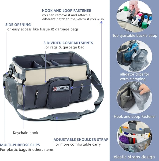 Large Cleaning Supplies Organizer-Cleaning Caddy Organizer With Handles & Shoulder Strap-Cleaning Bags for Cleaning Suppliers-Housekeepers Wearable Cleaning Tote Upgraded