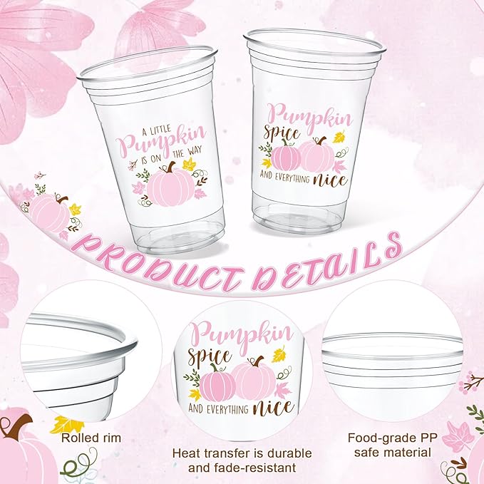Meanplan 50 Pcs 12oz Thanksgiving Baby Shower Party Plastic Cups A Little Pumpkin is On The Way Disposable Clear Cups for Fall Autumn Baby Shower Gender Reveal Supplies Decorations(Pink)