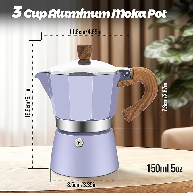 3 Cup Aluminum Moka Pot Purple Classic Stovetop Espresso Coffee Maker 150ml 5oz Coffeemaker Percolator Mocha Pot Greca Coffee Maker Cafe Makers for Italian and Cuban Café Brewing Purple