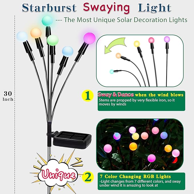 TONULAX Solar Garden Lights, Starburst Swaying Light - Swaying When Wind Blows, Solar Lights Outdoor Decorative, Color Changing RGB Light for Yard Patio Pathway Decoration(2 Pack)