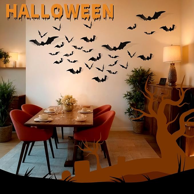 FANDAMEI 140PCS Bats Halloween Decoration, 5 Sizes Bats Wall Decor Party, 3D Bat Wall Decor for Halloween Decorations Indoor Outdoor. Black Sticky Bats Home, Bat Stickers for Window(140PCS)