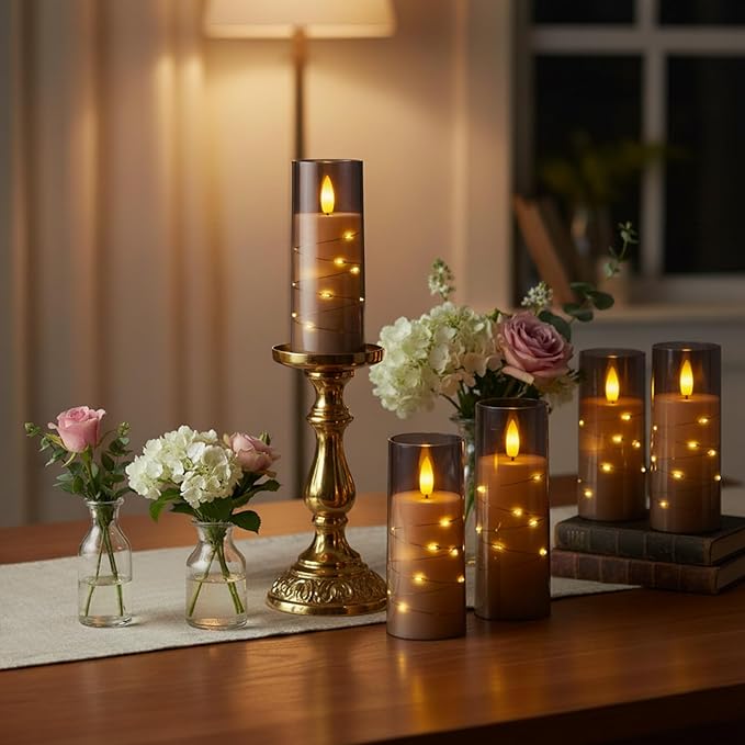 Raycare Flameless Candle with Remote Timer – 9 Flickering Acrylic Battery Operated LED Pillar Candles with Embedded Star String for Christmas, Home Decor, and as a Gift(Grey)