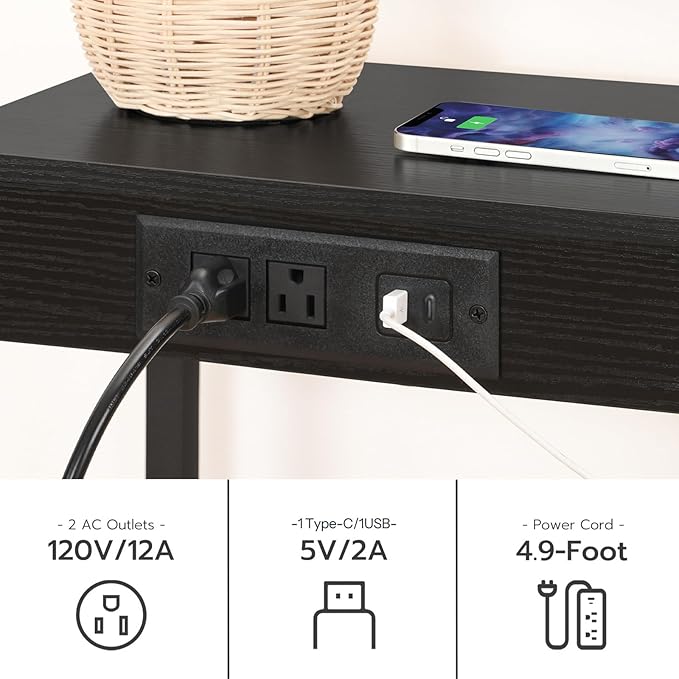 HOOBRO Tall End Table with Charging Station, 30 Inch Tall Nightstand, 3-Tier Small Side Table with Adjustable Shelf, for Living Room, Bedroom, Hallway, Black BB09UDH01G1