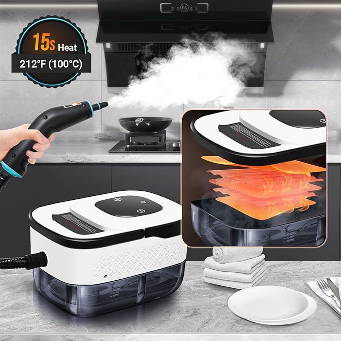 Heapsion Steam Cleaner, Steamer for Cleaning with 15s Heat-Up, 6 Adjustable Levels, Large 1.32 Quarts Tank, Pressurized Handheld Steam Cleaner for Home, Dirt, Grease, Grout, Tile,Floor, Car, 12 pcs