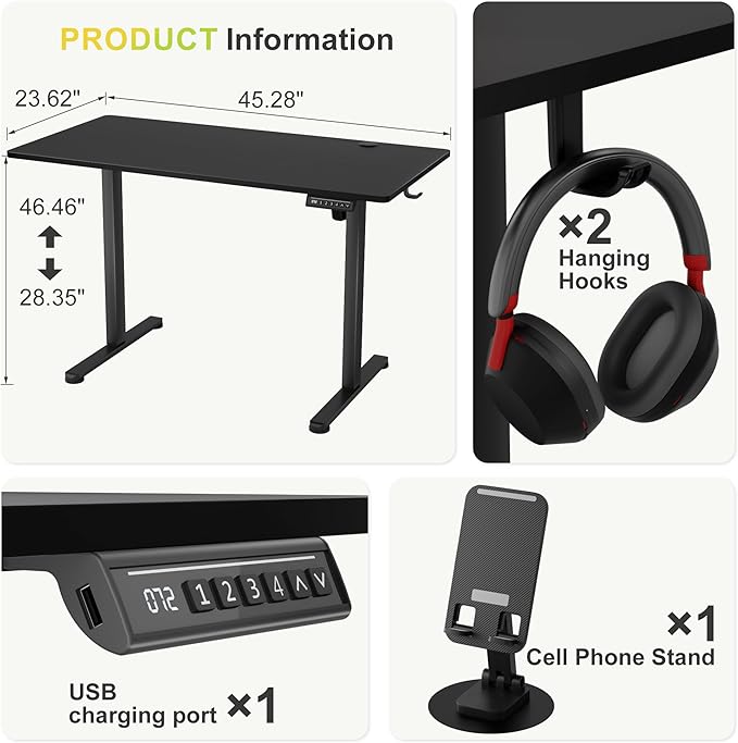 Furmax Electric Standing Desk, 45 x 24 Inches Sit Stand up Desk, Sit Stand Height Adjustable Home Office Desk with 4 Height Position Memory - with Splice Board (Black, 45)
