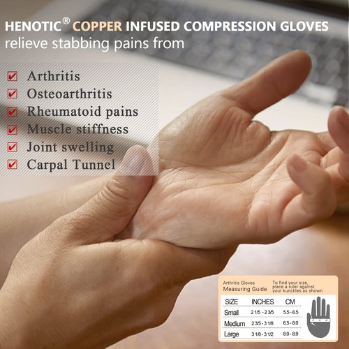 HENOTIC 2 Pairs Copper Compression Gloves for Women Men, Full Finger Breathable & Moisture Wicking Arthritis Compression Gloves for Relieving Carpal Tunnel Aches, Rheumatoid Pains, Joint Swell